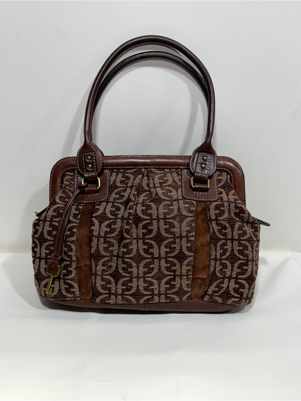 Vintage Fossil Brown Monogram Jacquard Leather Satchel Bag Key Charm Y2K